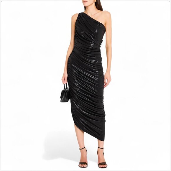 Norma Kamali Black Diana Metallic Ruched One-Shoulder Gown Lame Midi Dress M 38 - Picture 1 of 7
